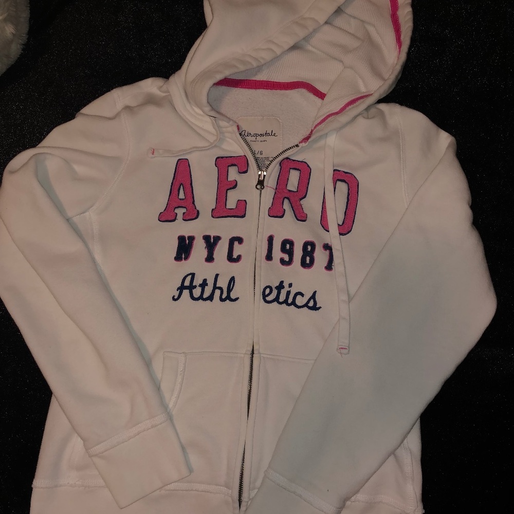 White Aeropostale Zip-Up Hoodie, Sz L